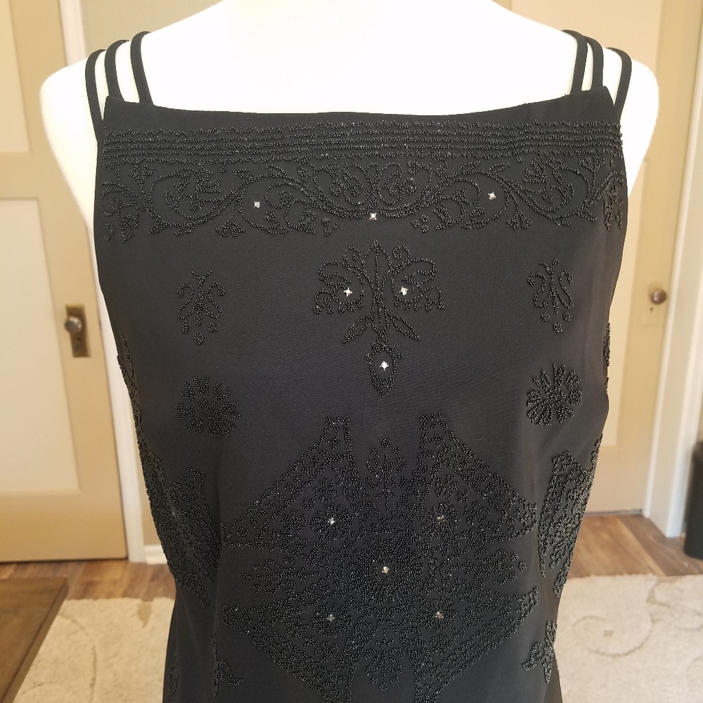 CDC Black Beaded Sleeveless Cocktail Dress Square Neckline